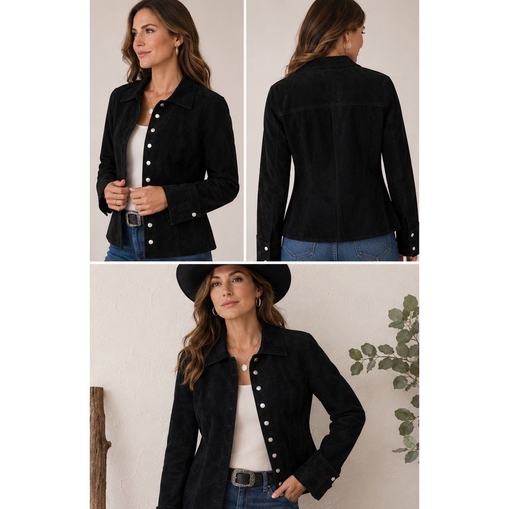 NWT Coldwater Creek Black Suede Leather Jacket Petite Small Snap Front Western